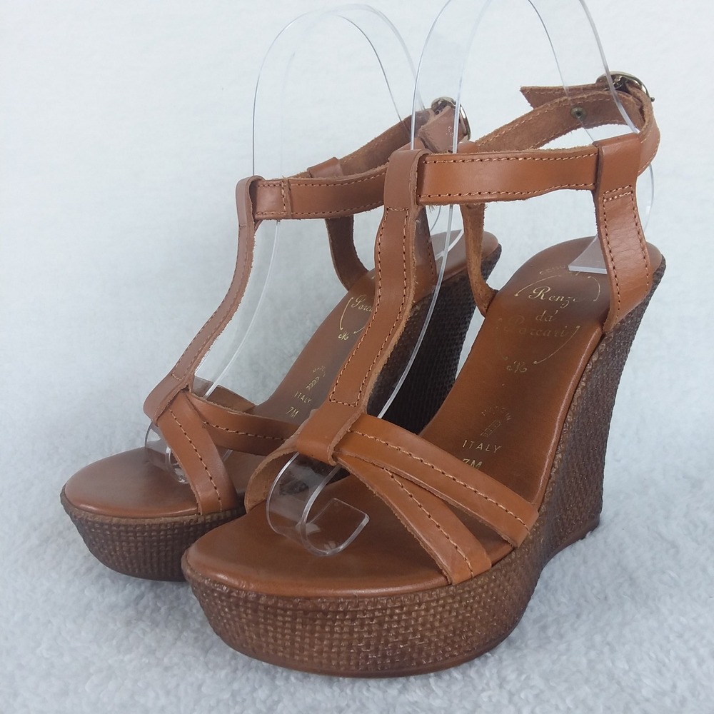 Renzo da Porcari Leather Wedge Platform Brown T Strap Sandals‎ Women's 7M Italy